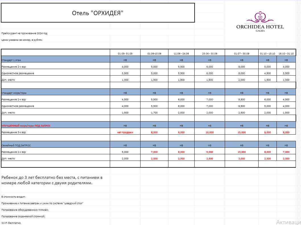 Прейскурант на проживание 2024 год - Гостиница Орхидея Гагра официальный  сайт